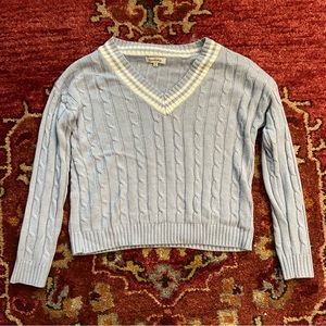 Macy’s “hooked up” pastel blue v-neck sweater (size medium)